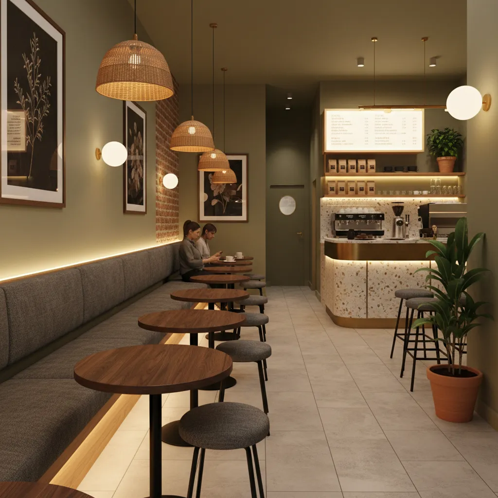 small cafe interior layout with wall seating and compact tables