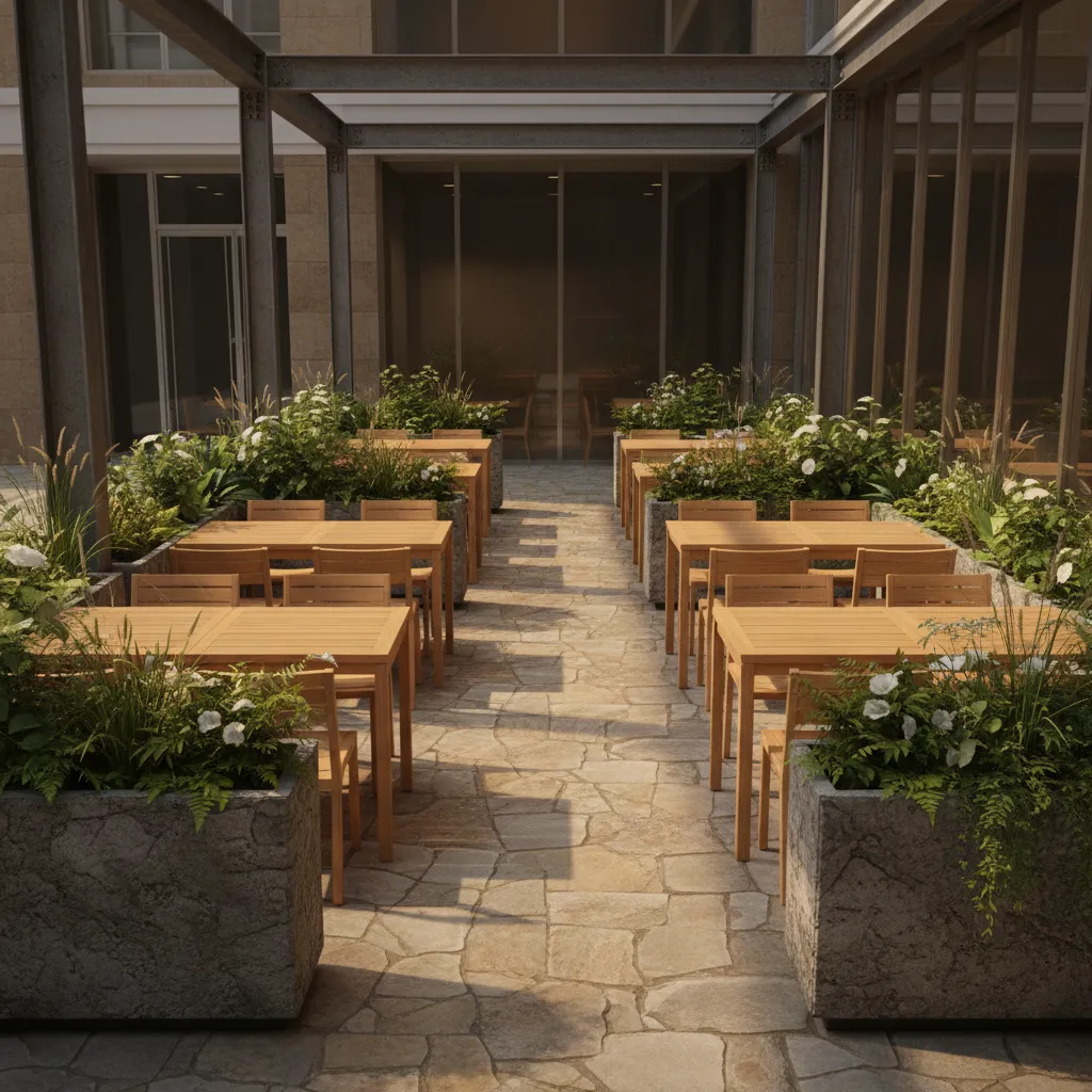 Small café patio with planter dividers separating tables