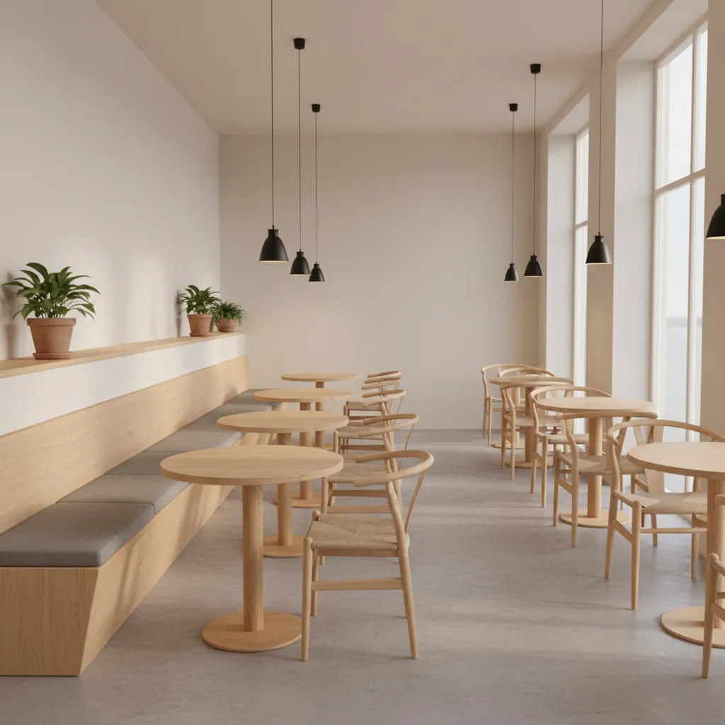 Small cafe seating layout with wall benches and clear walking paths