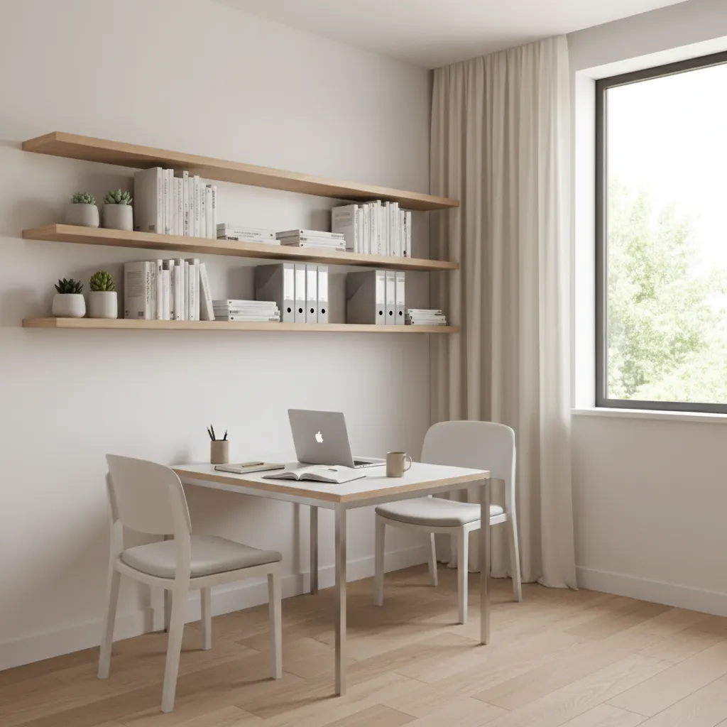 Compact university study room with wall shelves and clean layout