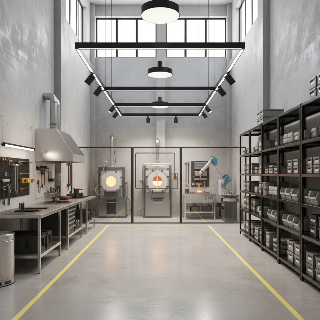 Compact modern casting workshop layout optimized for small space