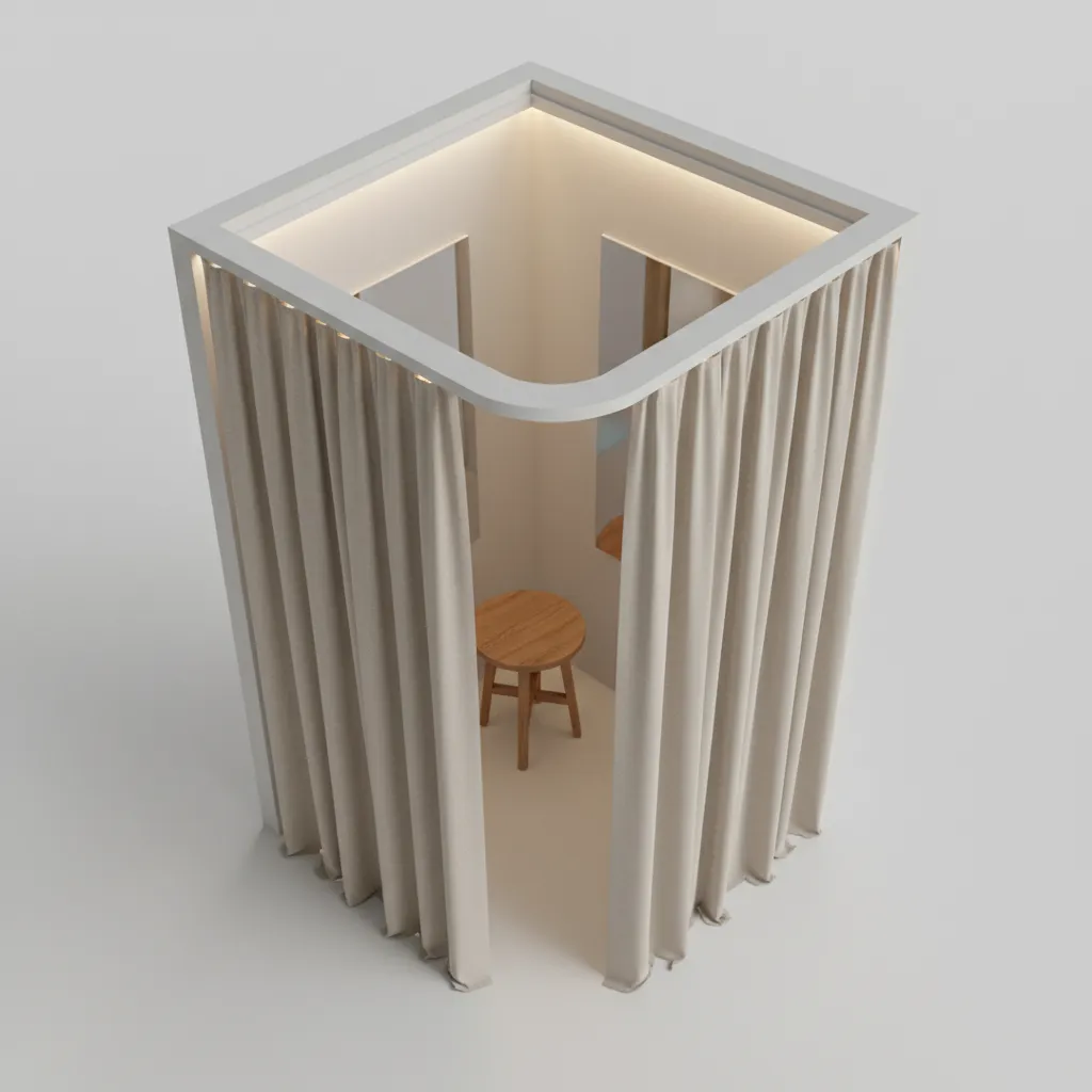 small changing booth layout with corner entrance design