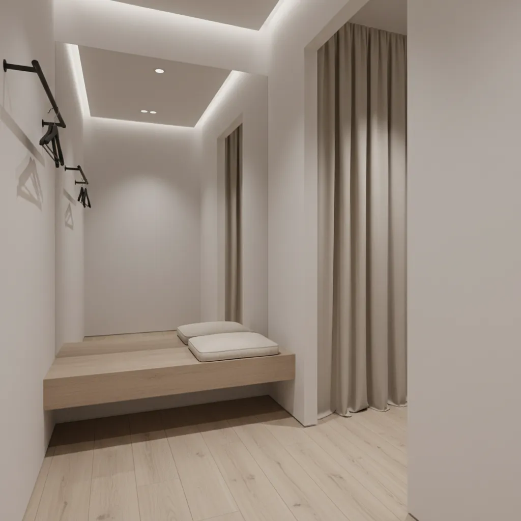 mirror inside a small changing room creating a visual illusion of larger space