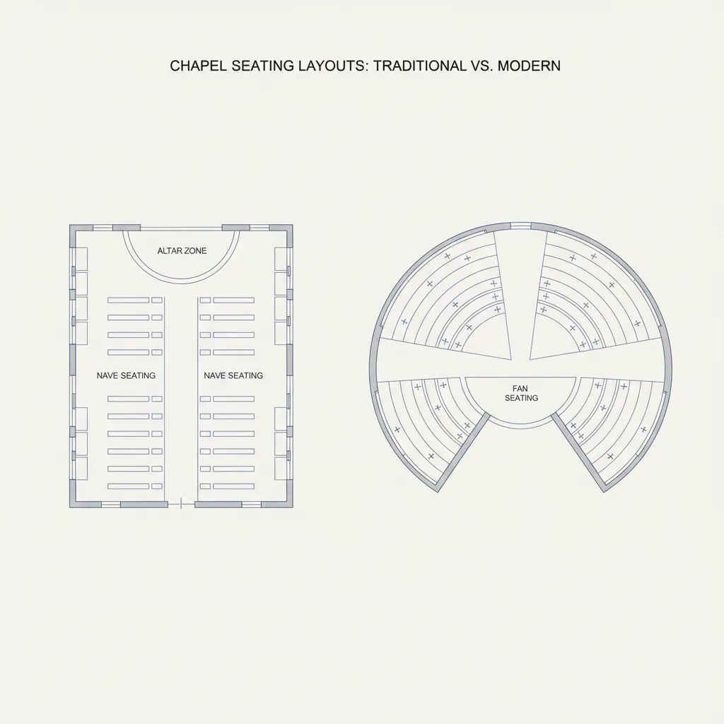 Architectural floor plan comparison of traditional and modern chapel layouts