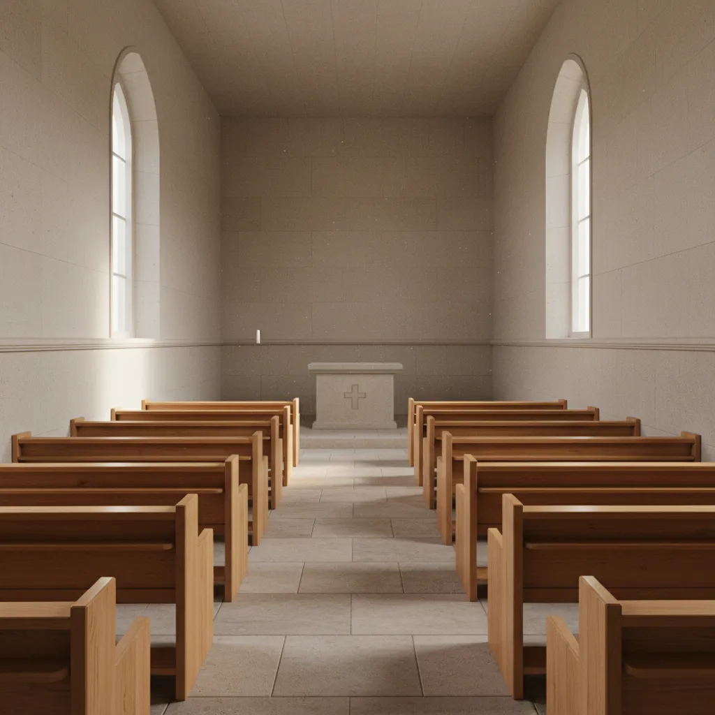 interior overview of a small chapel with wooden pews and central aisle