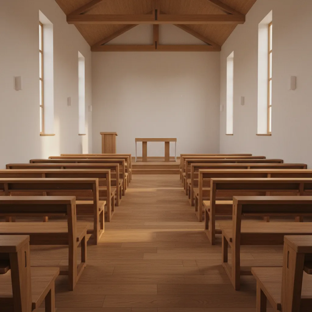small chapel interior showing organized pew seating and altar view