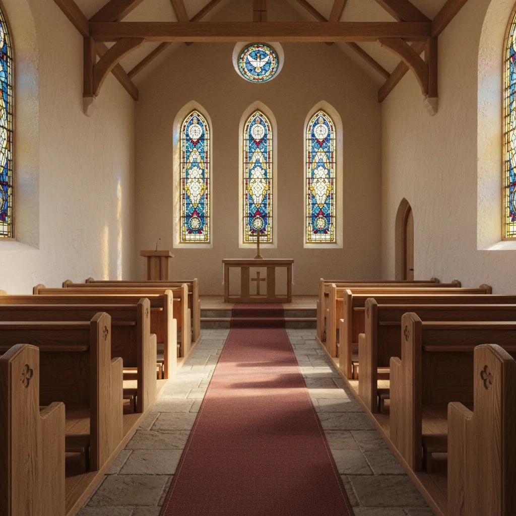 Traditional small chapel interior with central aisle and wooden pew seating