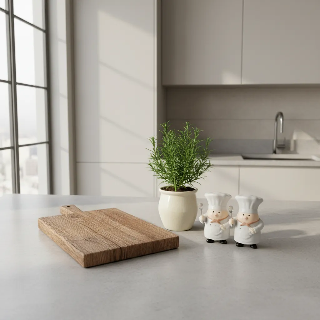 small chef accent decor on kitchen countertop with herbs and cutting board