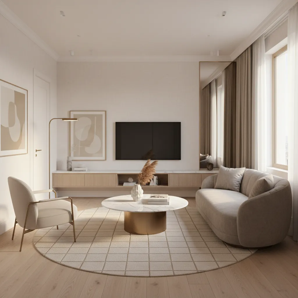Compact luxury living room layout with sofa coffee table and curated decor