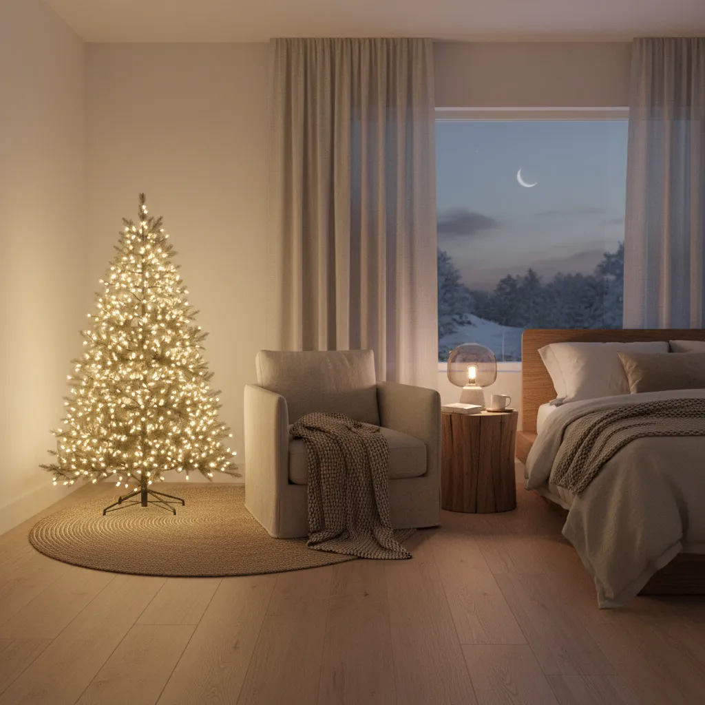 small christmas tree placed in cozy bedroom corner with soft lighting