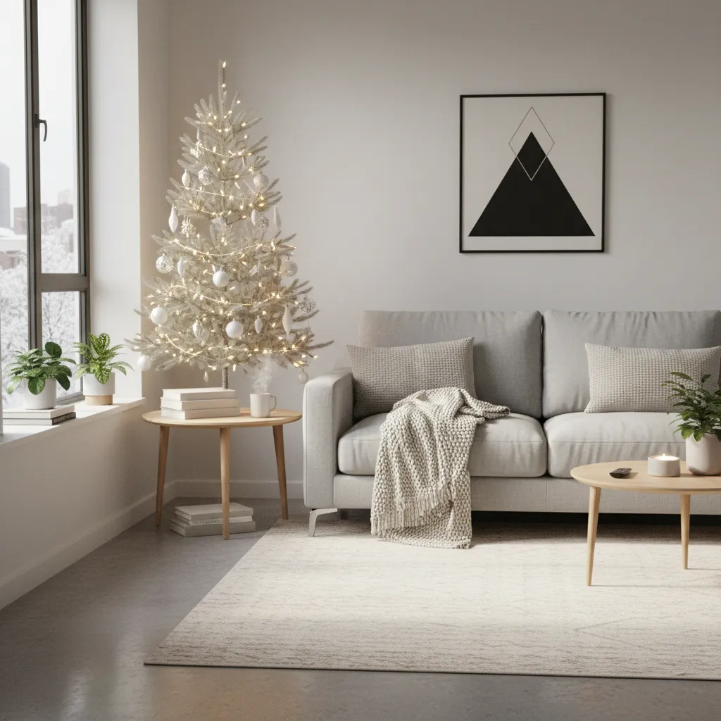small 3ft Christmas tree styled in a cozy apartment living room