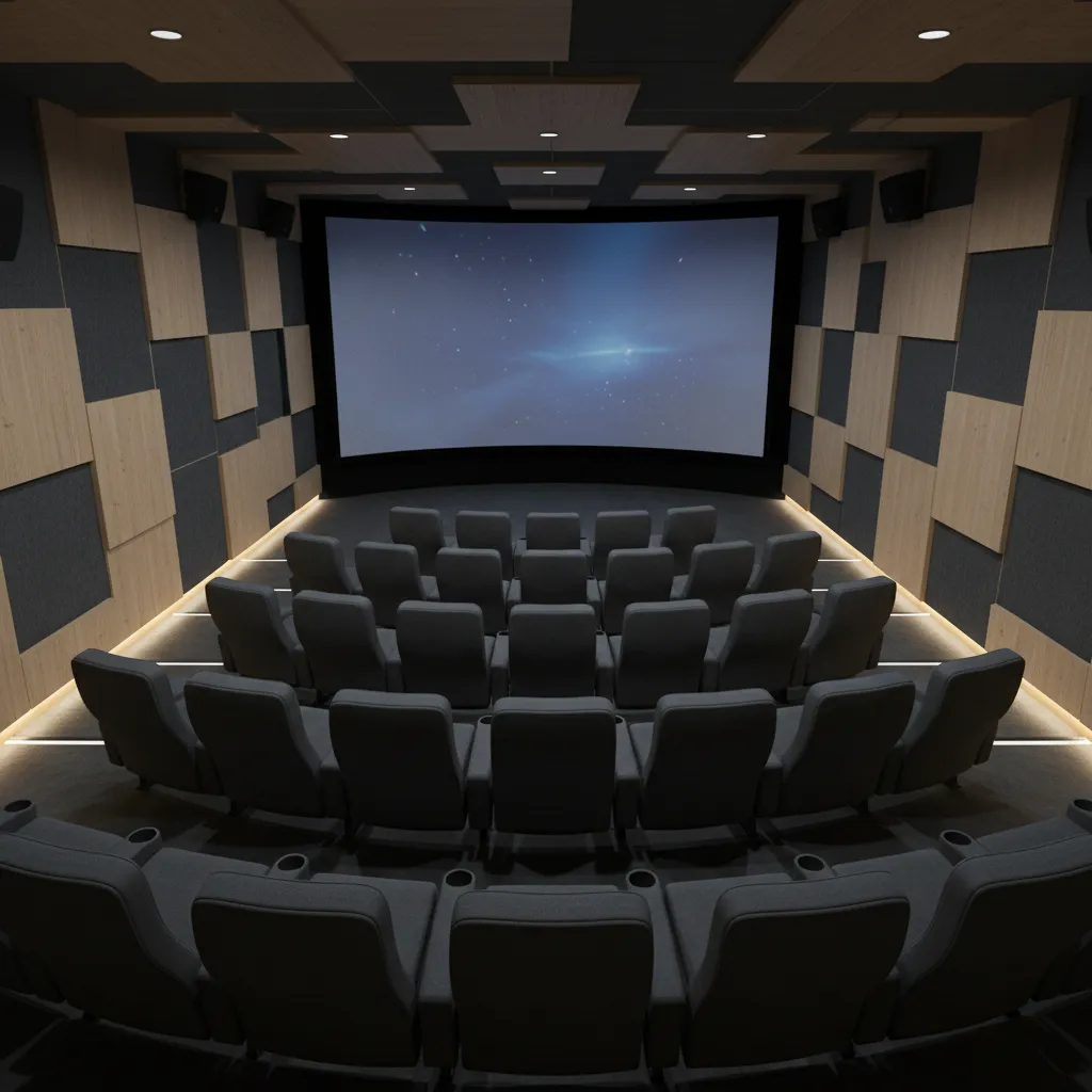 interior of a compact movie theater with neatly arranged seating rows
