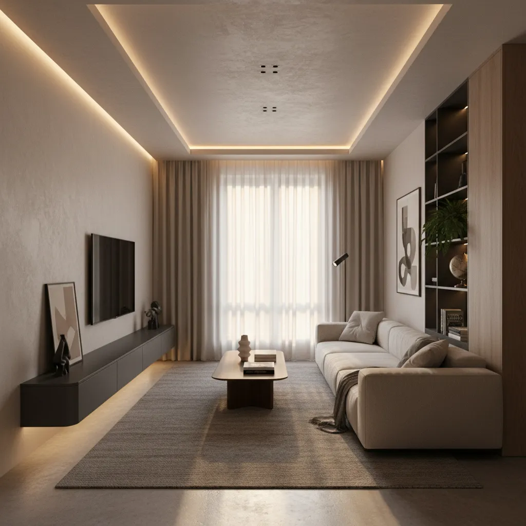 Bright narrow living room with white sofa black tv on wall bookshelf ceiling lights curtains