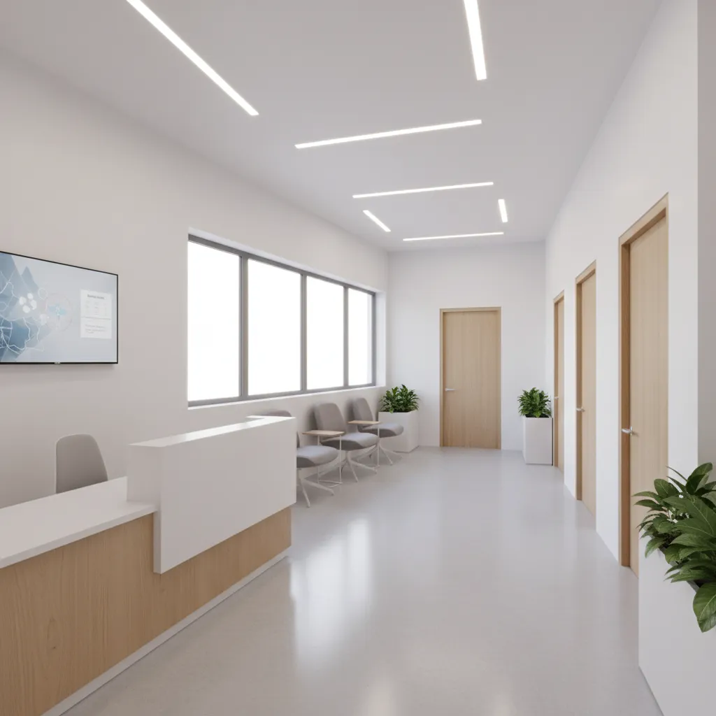 Efficient small medical clinic layout with organized reception corridor and exam rooms