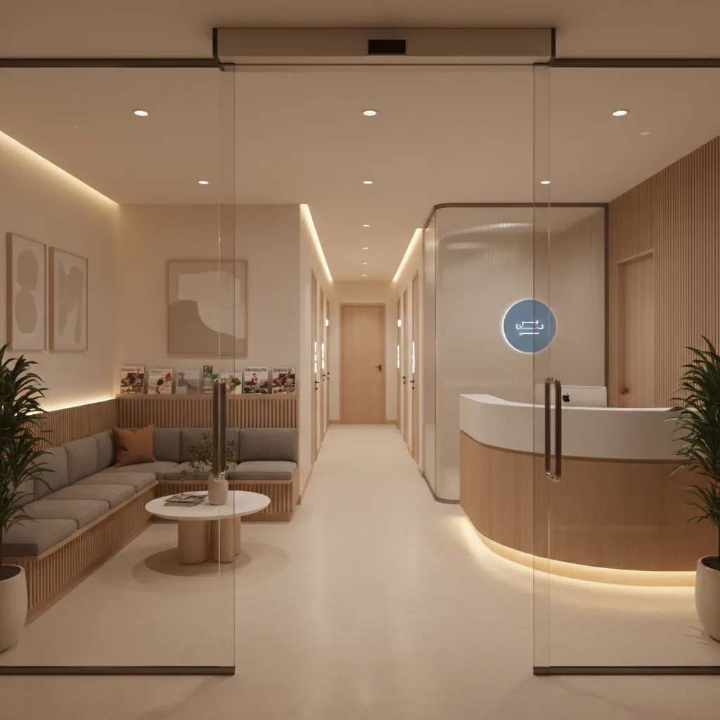 zoned layout of small clinic with reception and waiting areas