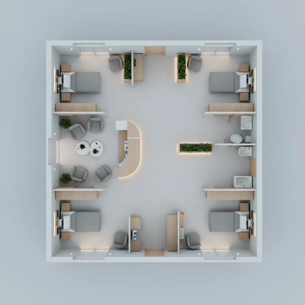 Small clinic floor layout showing patient flow from reception to exam rooms