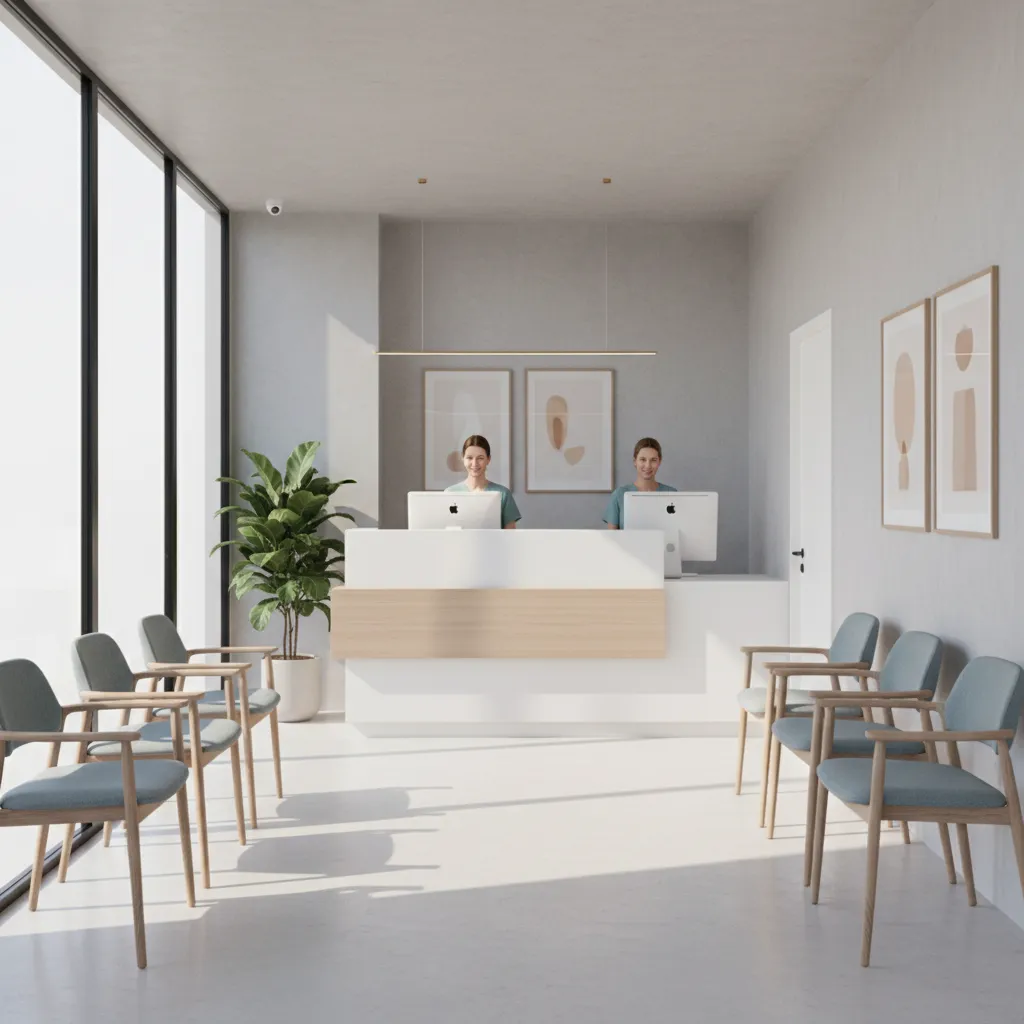 Small medical clinic reception and waiting area with modern minimal layout