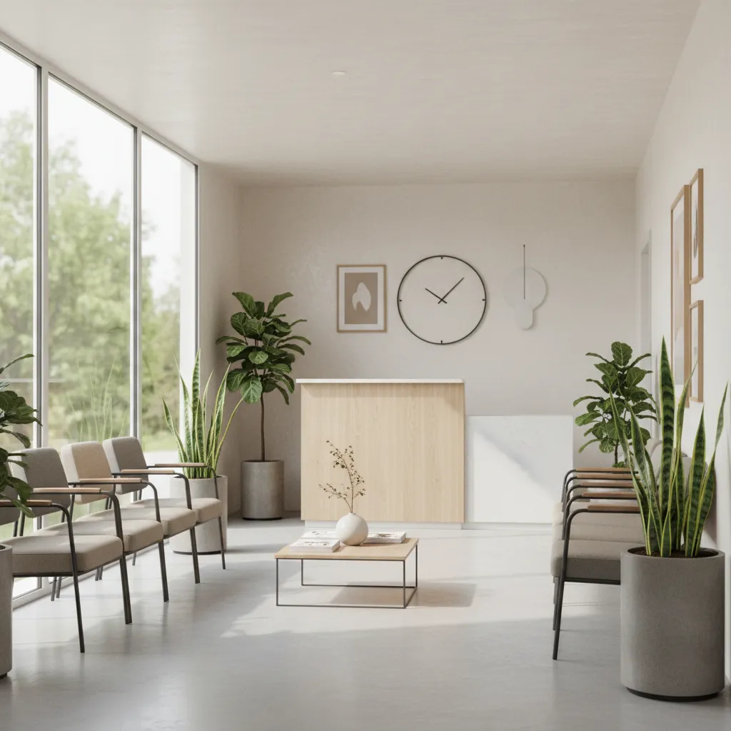 small clinic waiting room with neutral colors and compact seating