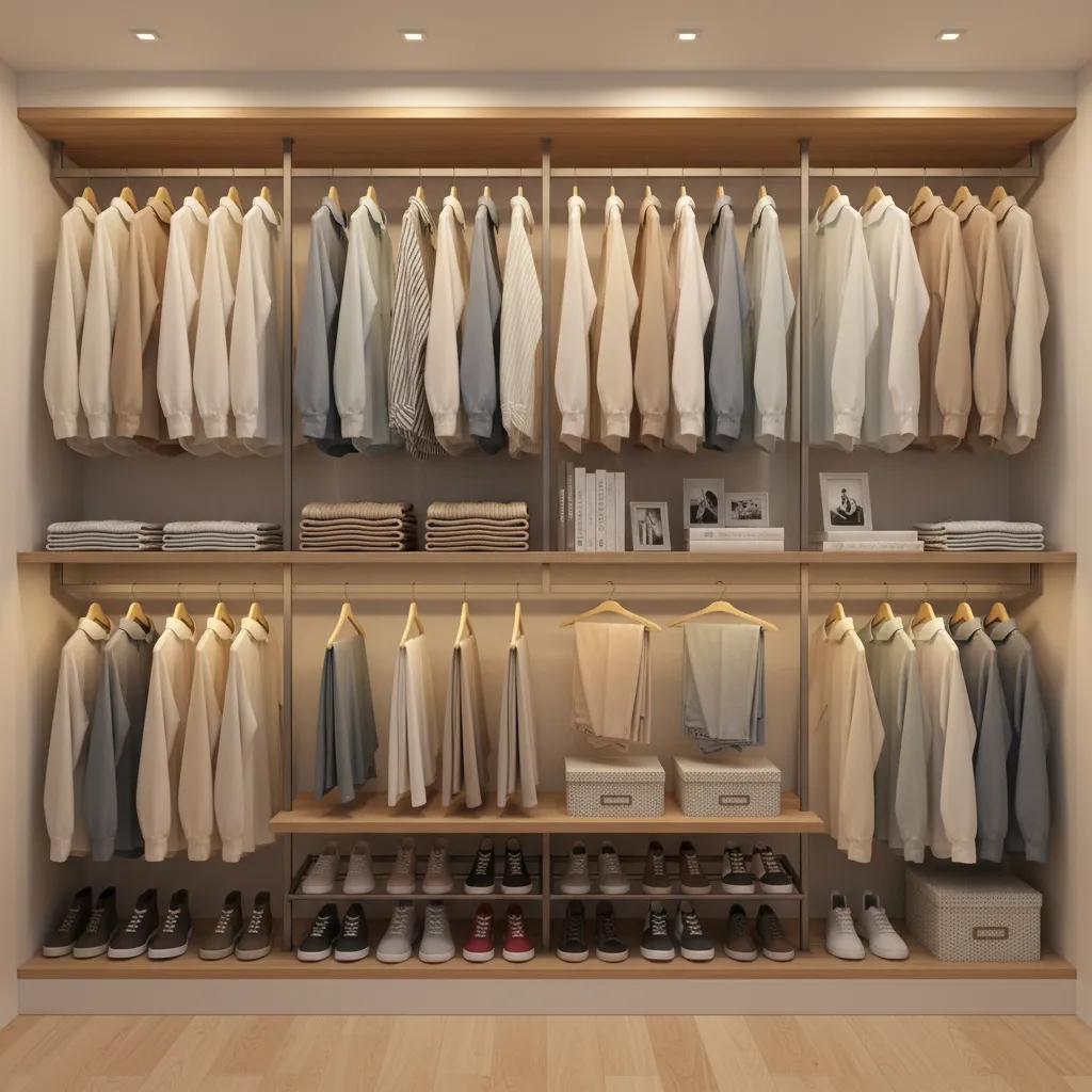 organized small apartment closet showing rods shelves and shoe storage