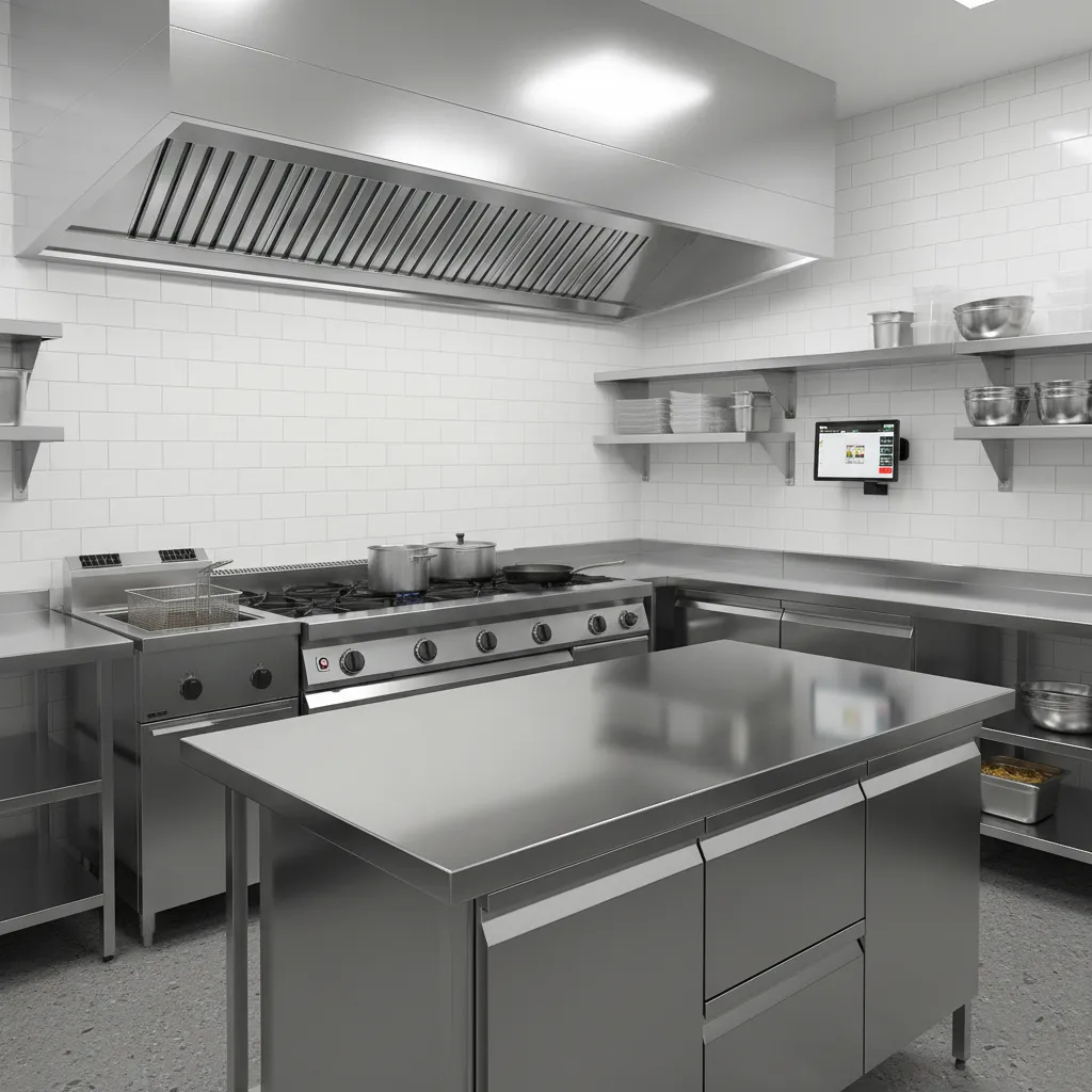 Compact cloud kitchen setup with cooking line and prep station