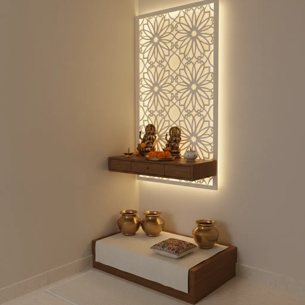 compact wall mounted pooja unit with decorative CNC back panel