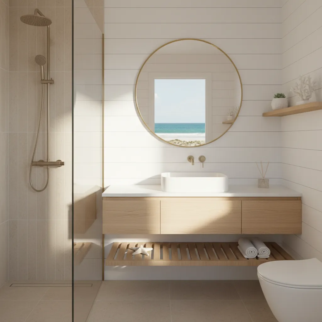 Small coastal bathroom with floating vanity glass shower and bright natural light