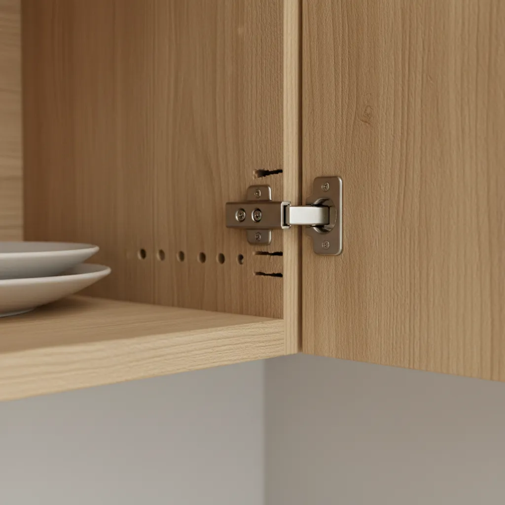 Kitchen cabinet interior showing typical cockroach hiding areas in corners and hinges