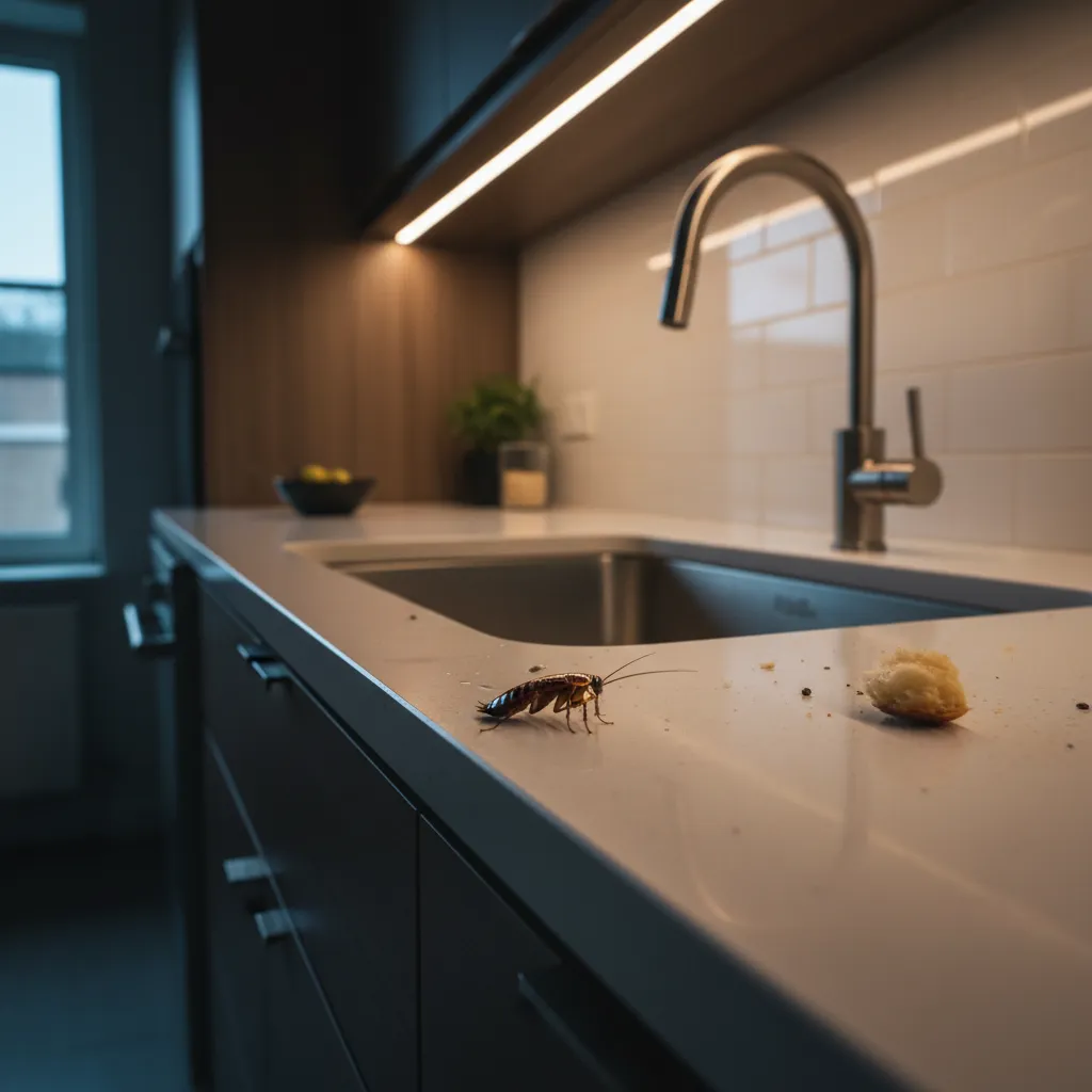 small cockroach on kitchen counter near sink at night
