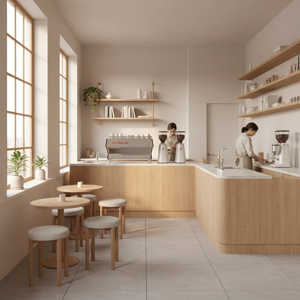 overview of a compact coffee shop interior with service counter and seating layout