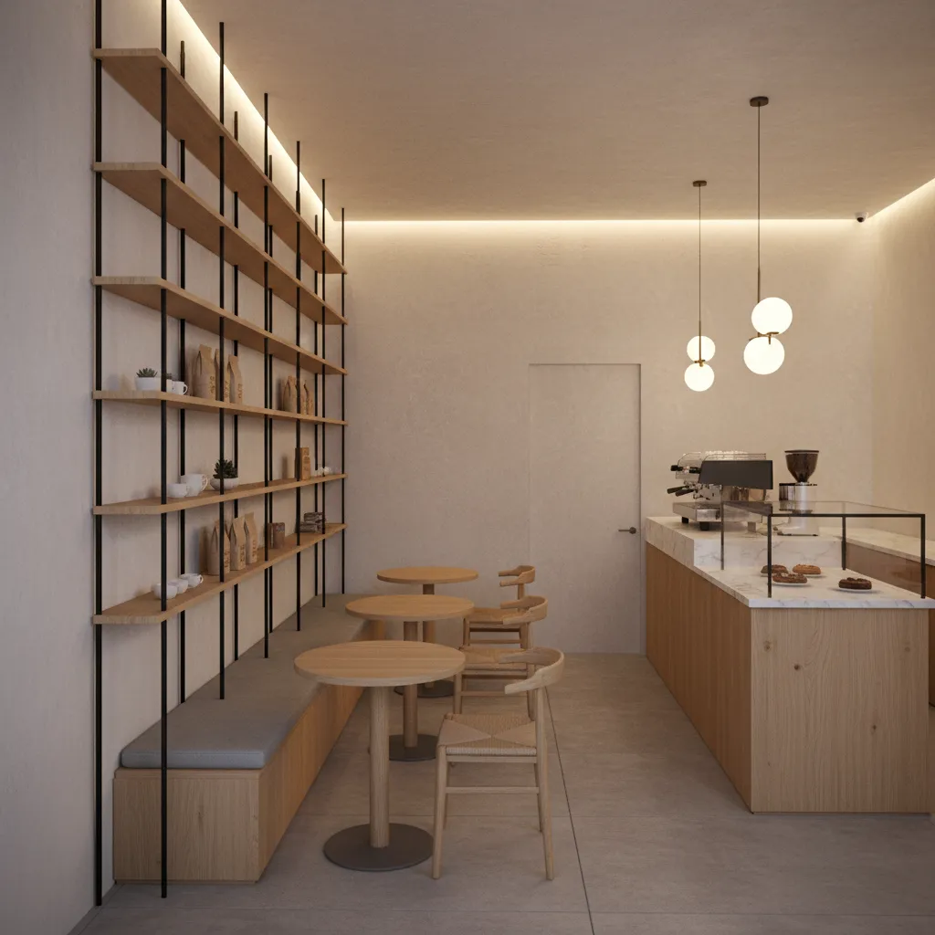 Small coffee shop wall with vertical shelves and minimal decor