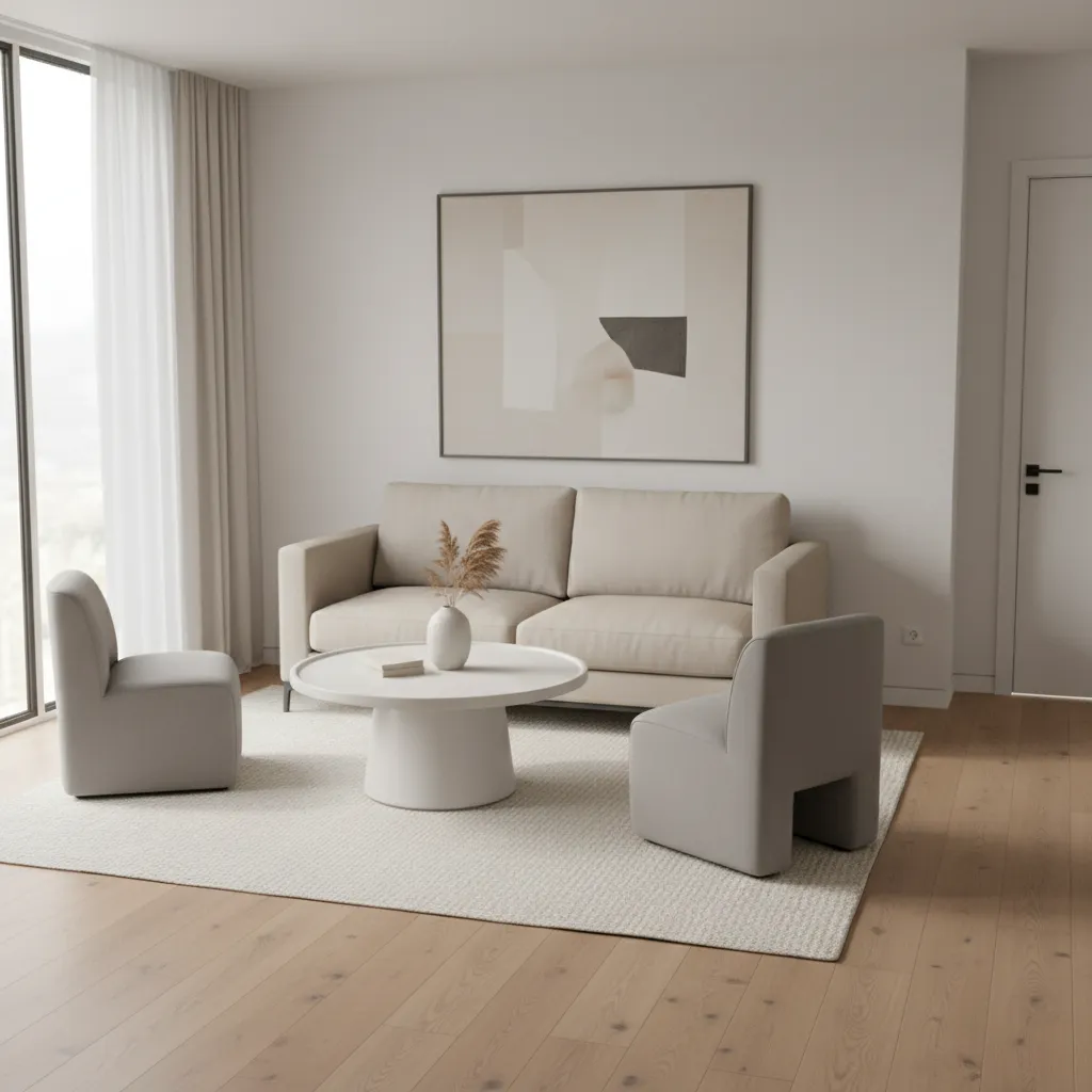 round coffee table placed in front of compact sofa in small living room