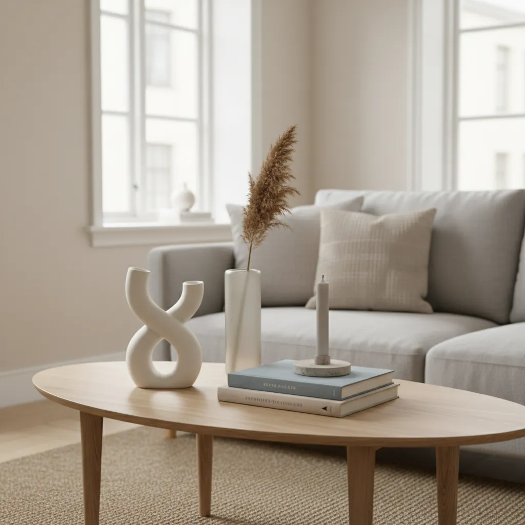 Small coffee table with compact statue decor grouping