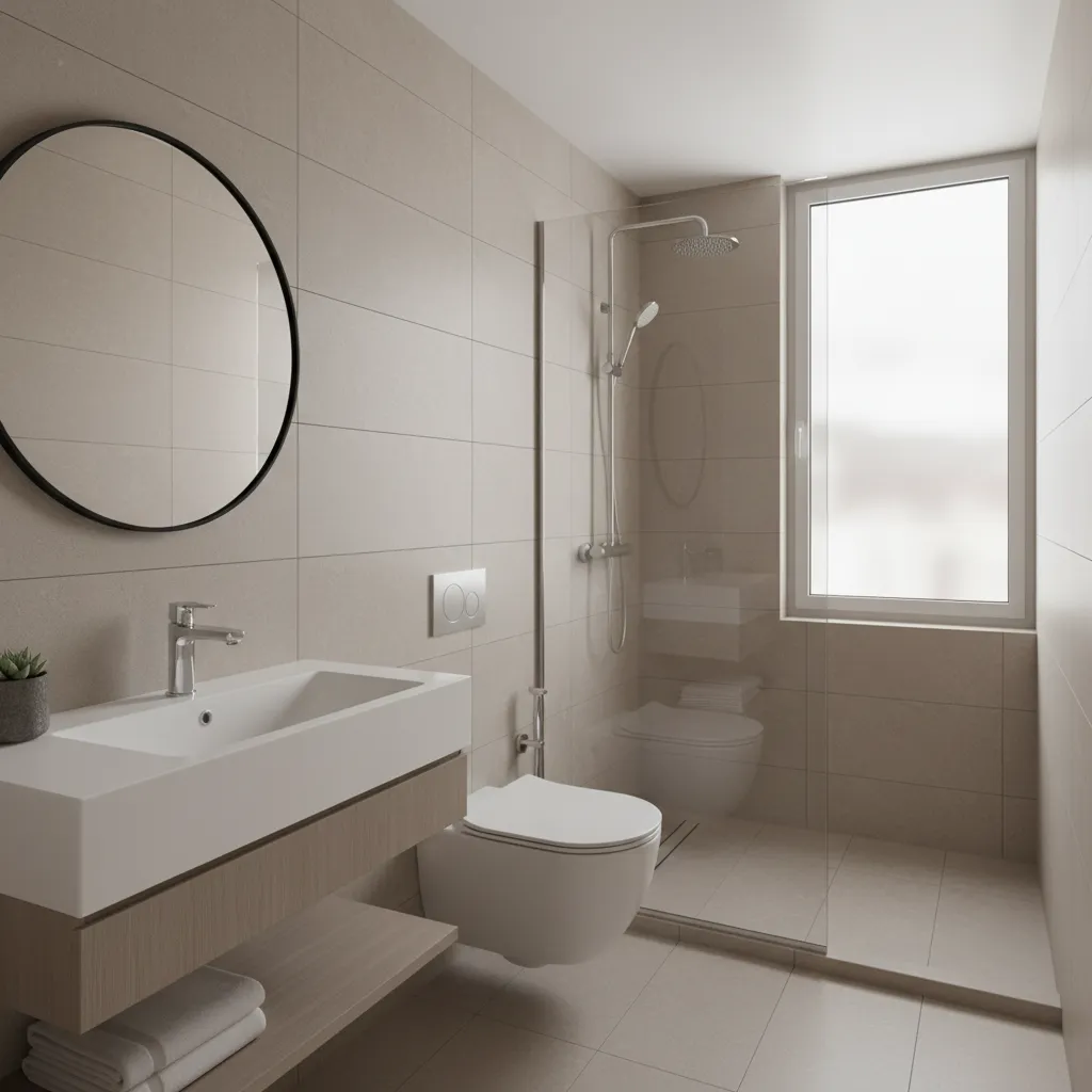 Compact combined bathroom with toilet, vanity and shower in a small apartment layout