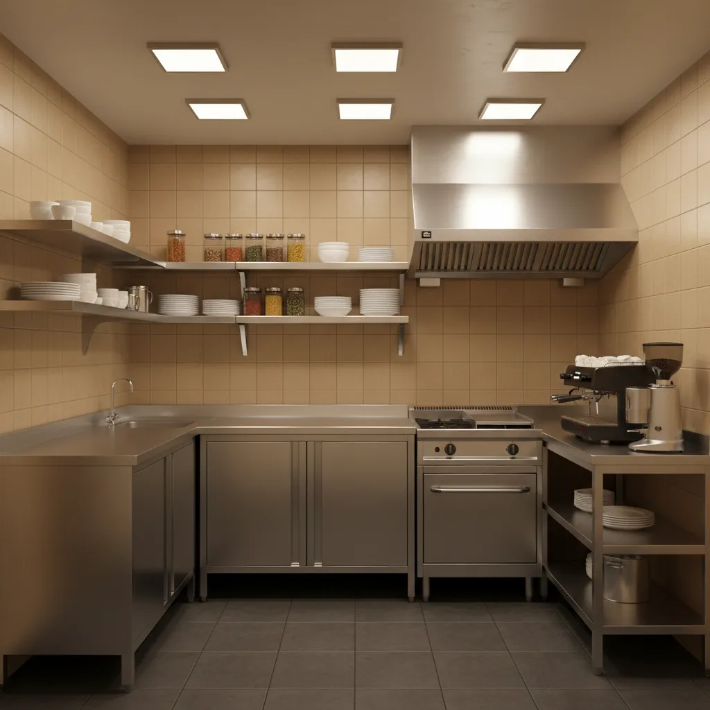 compact small commercial cafe kitchen with efficient equipment layout