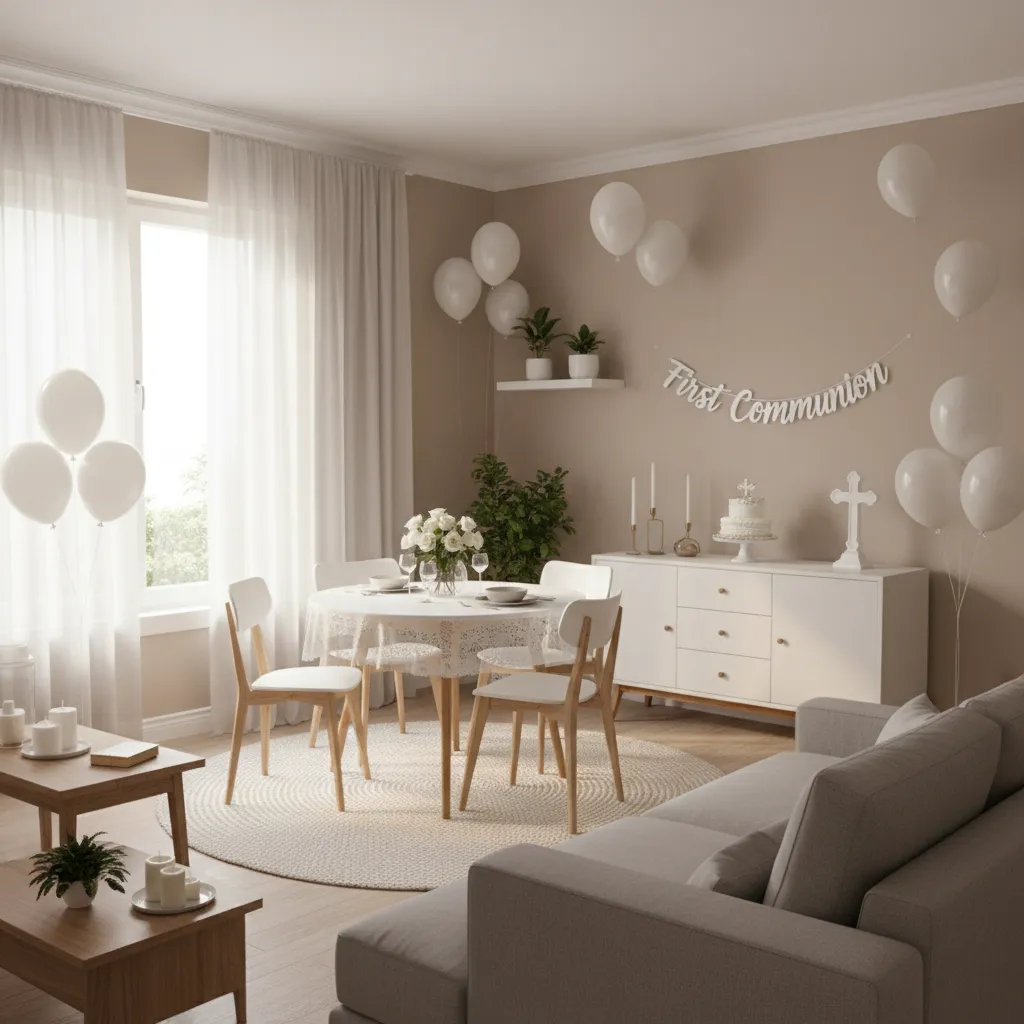 Small living room arranged for a First Communion celebration with minimal decorations