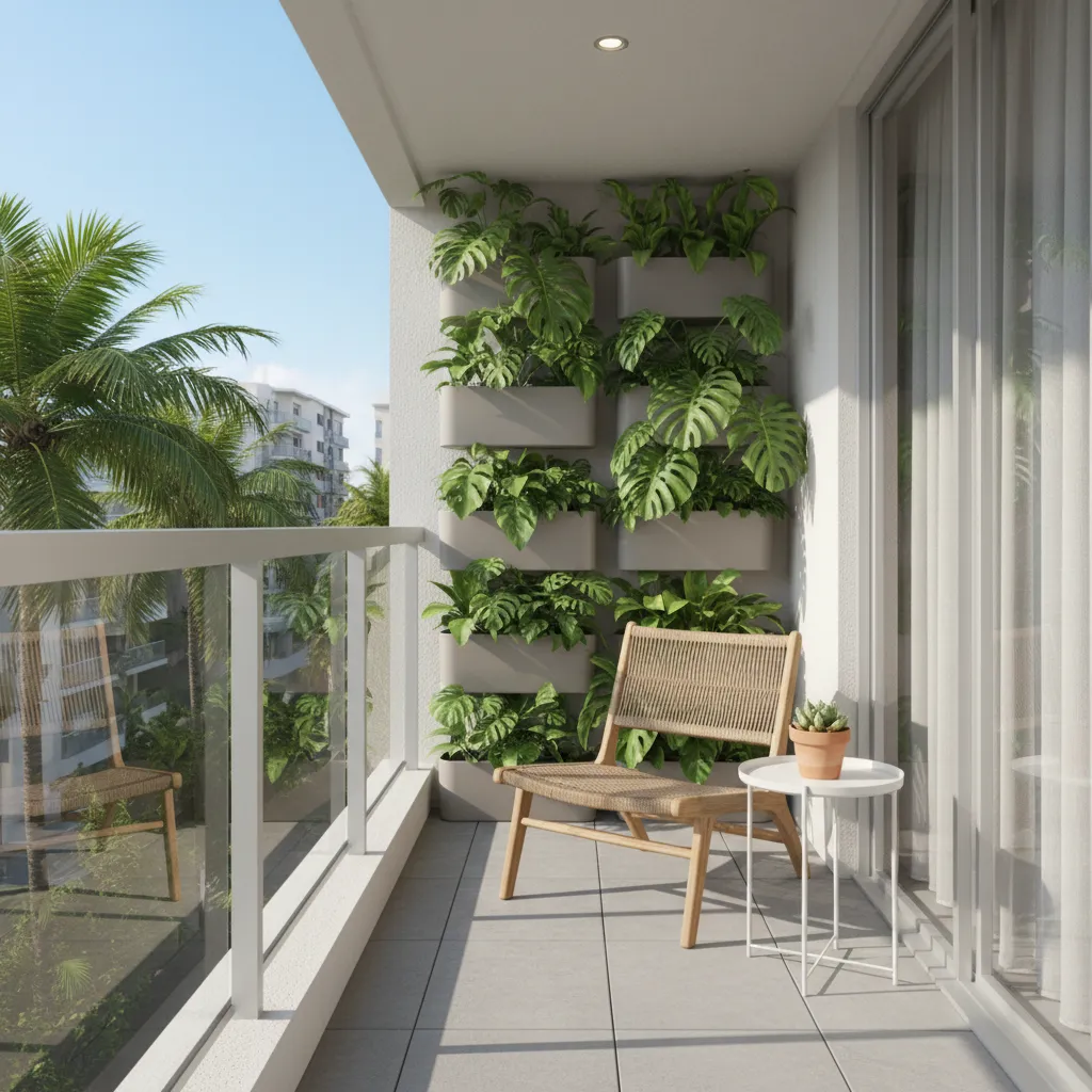 compact condo balcony layout with slim seating and clear walking path