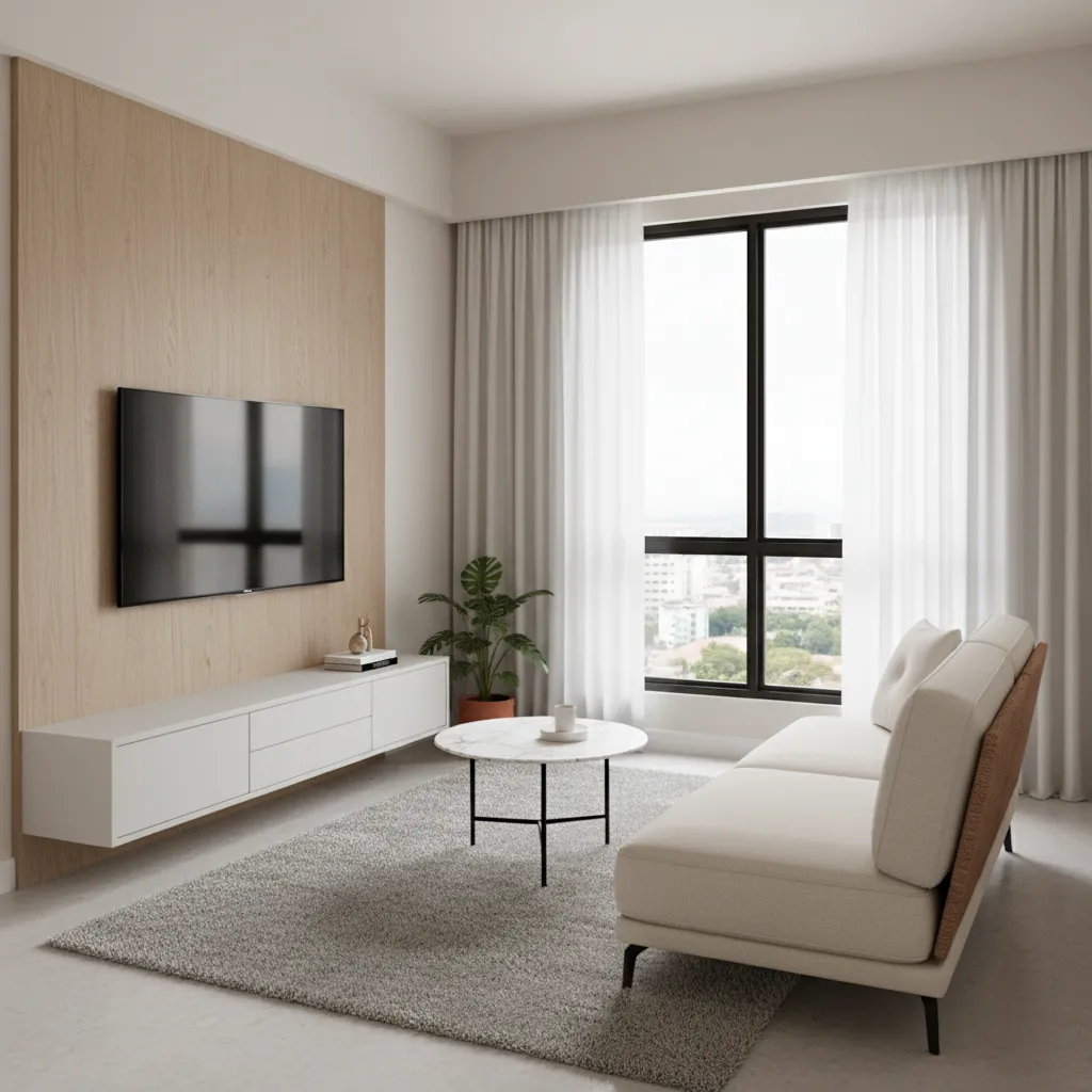 Compact Malaysian condo living room with efficient furniture layout