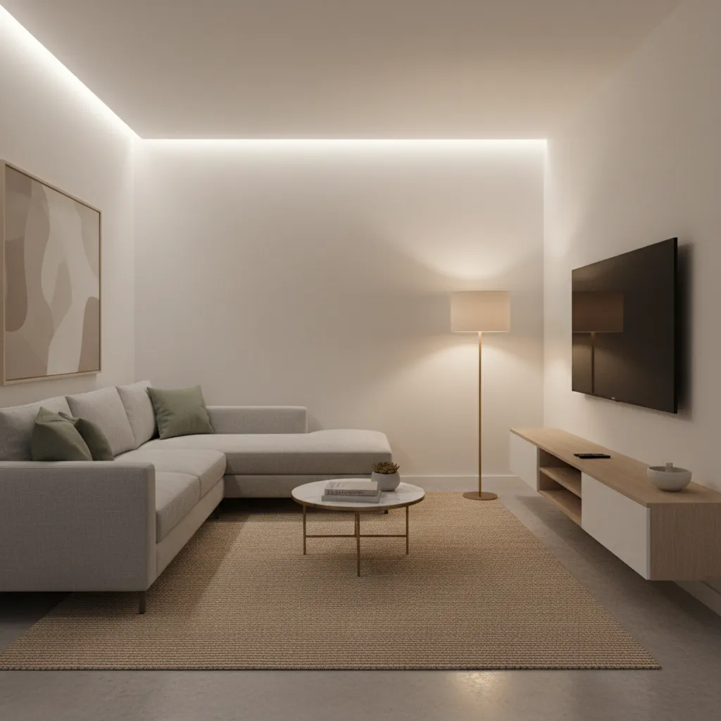 Modern small condo living room with sectional sofa facing wall mounted TV