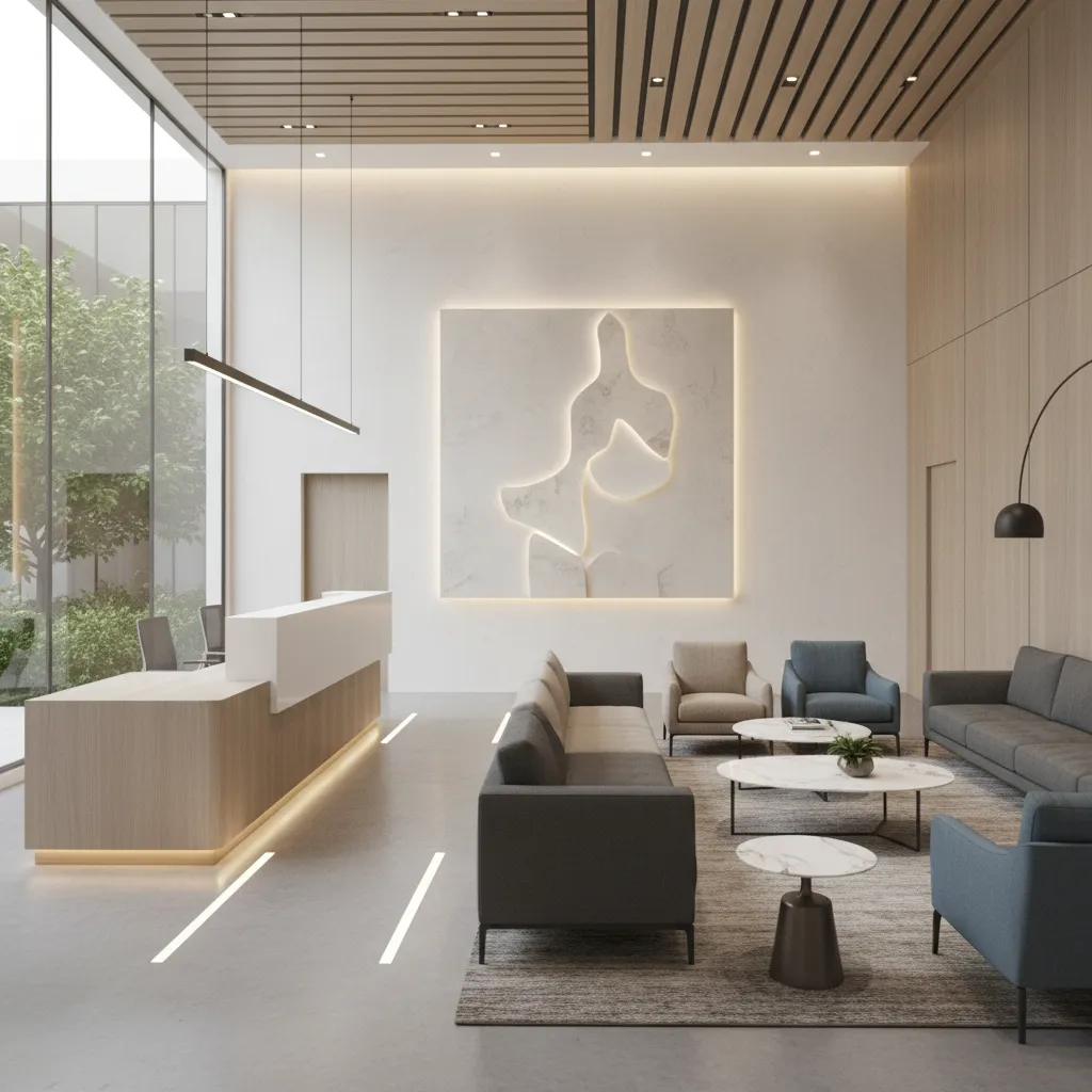 small conference centre interior with reception and open networking space