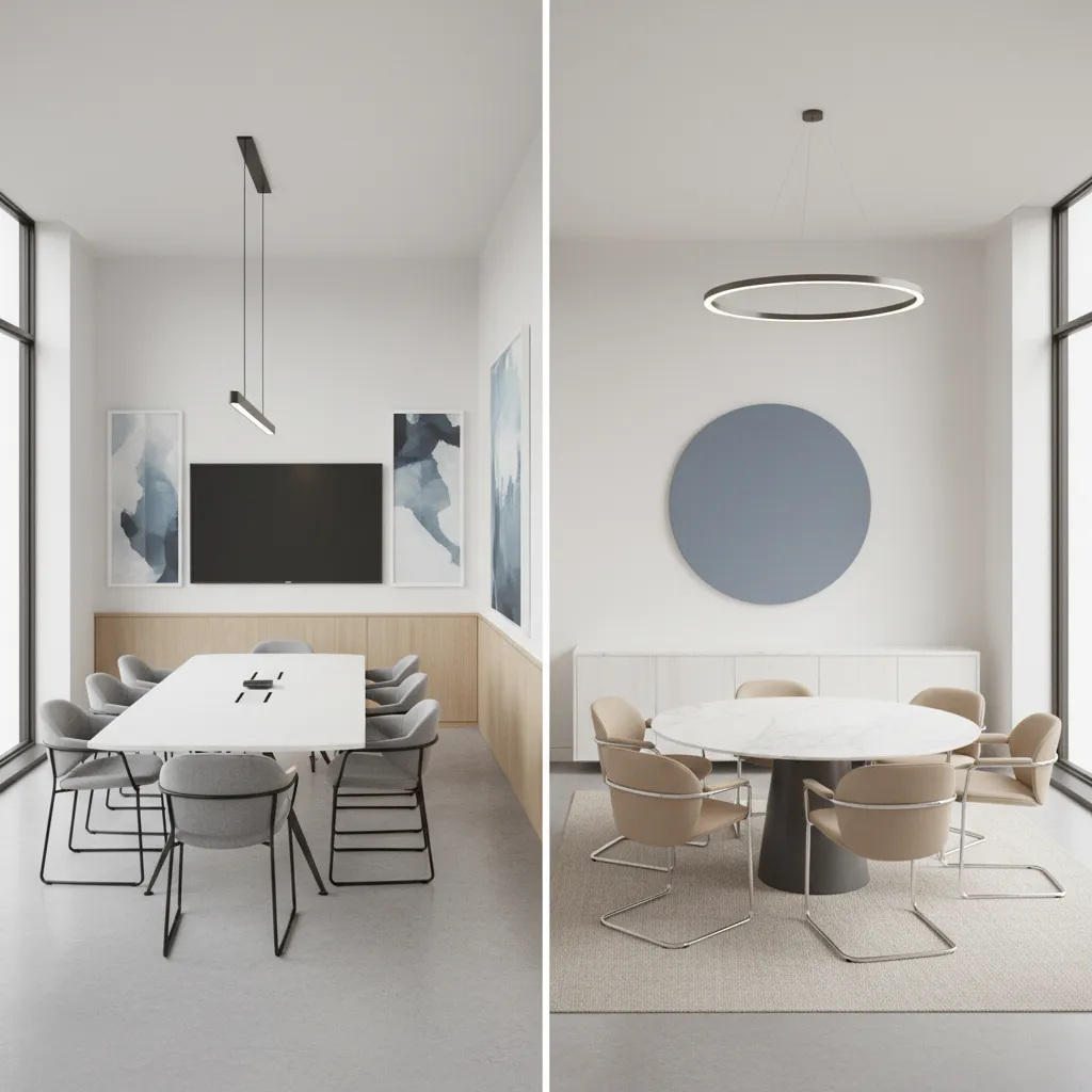 comparison of rectangular and round table layouts in small meeting room