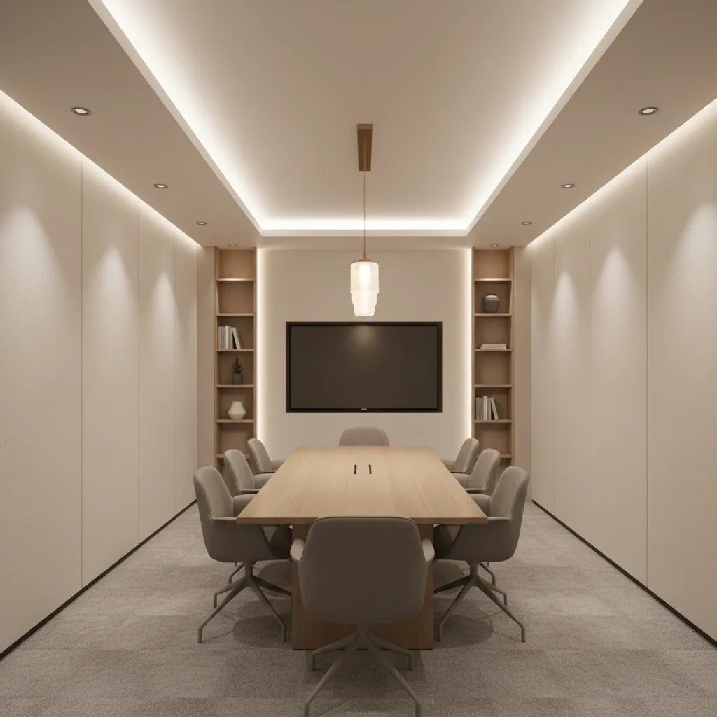 Well lit small conference room with pendant lighting and wall lights