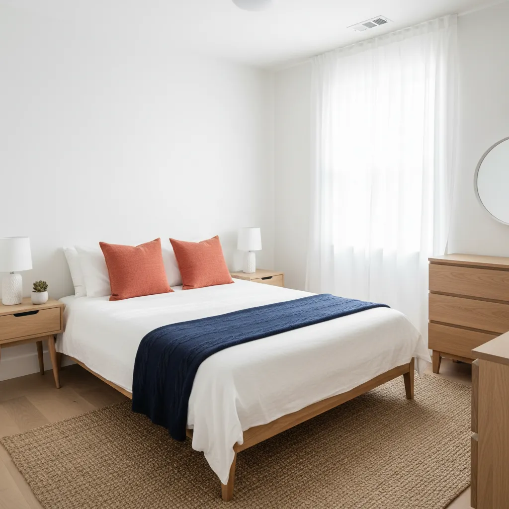 Dormitorio pequeño con decoración coral y azul marino