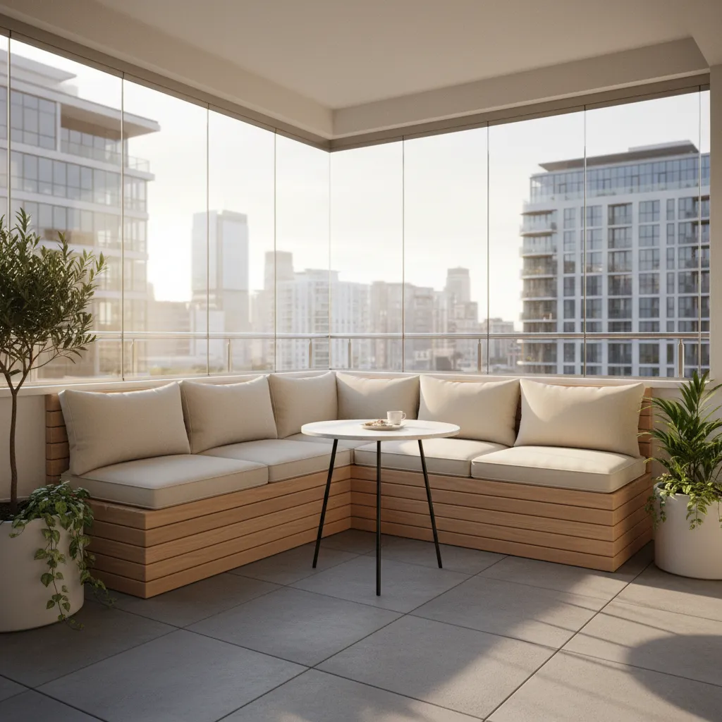 small corner balcony with L shaped seating and compact table