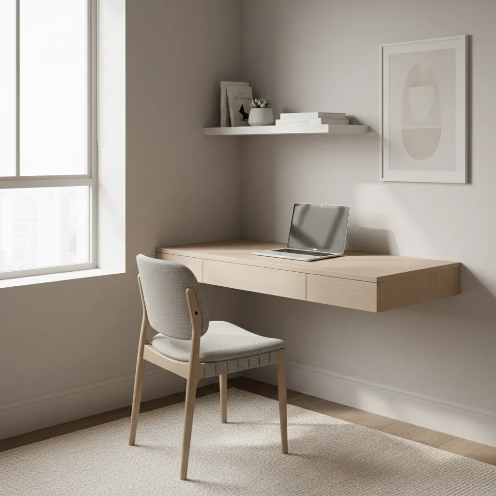small apartment corner converted into a compact home office with wall desk and laptop