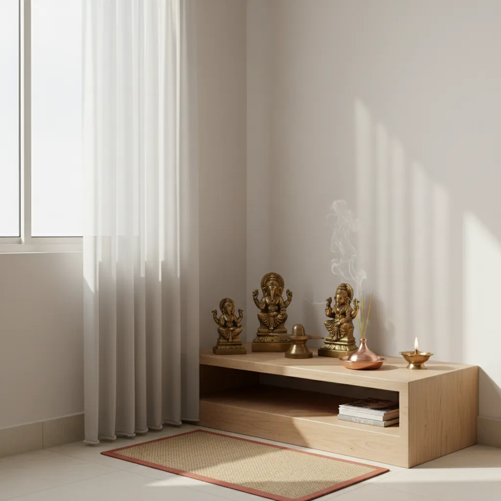 small apartment corner converted into a pooja mandir space