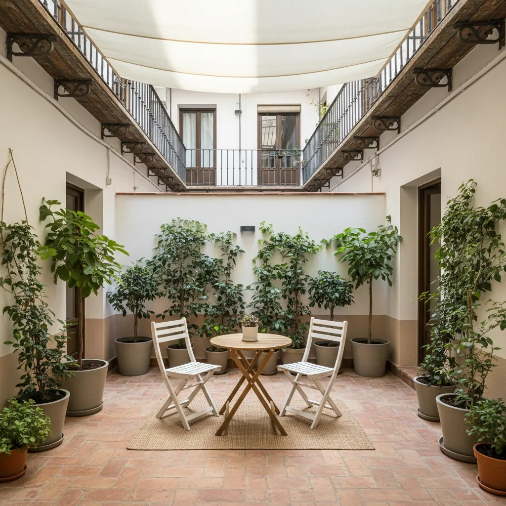 Patio interior pequeño con distribución simple y vegetación organizada
