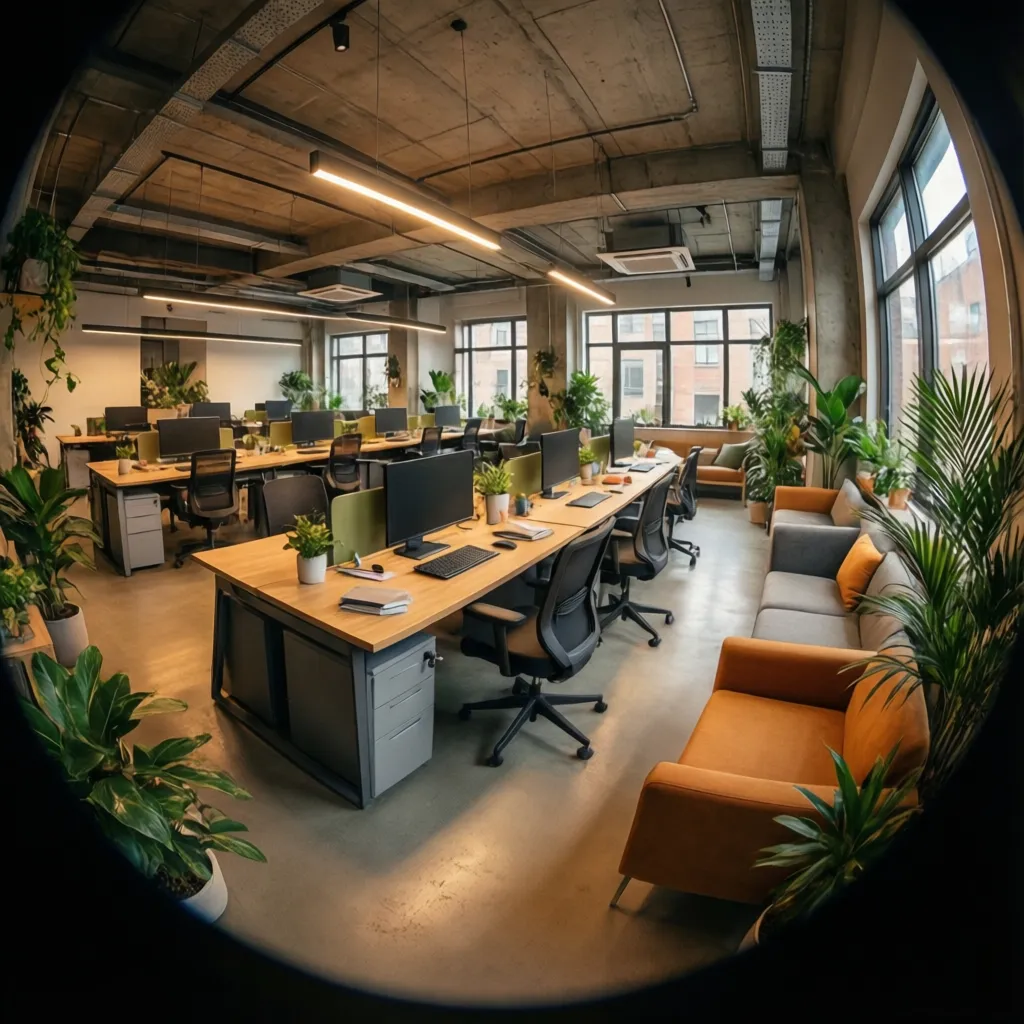 Coworking pequeño con mobiliario flexible y zona lounge