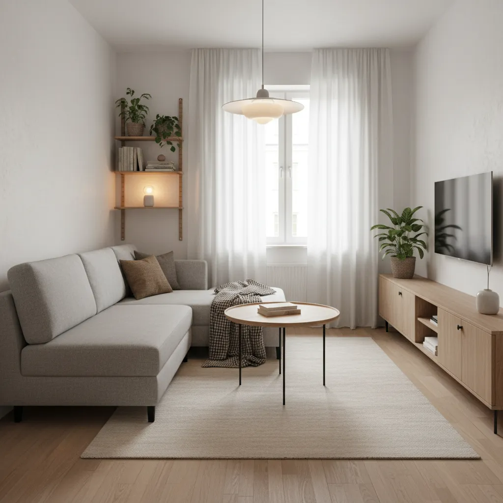 Bright living room with grey sofa wooden coffee table white rug and tv on cabinet