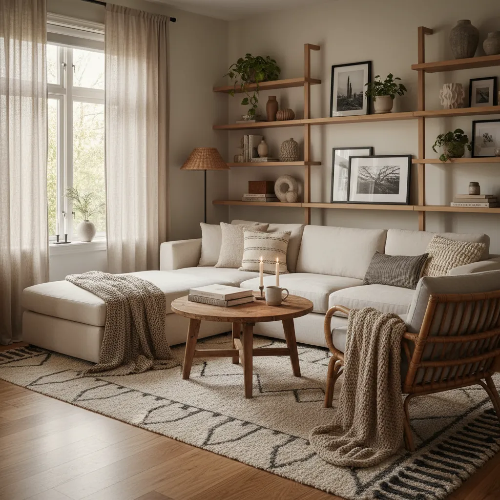 Cozy living room with cream sofa, wooden coffee table, patterned rug, wall shelves, and windows