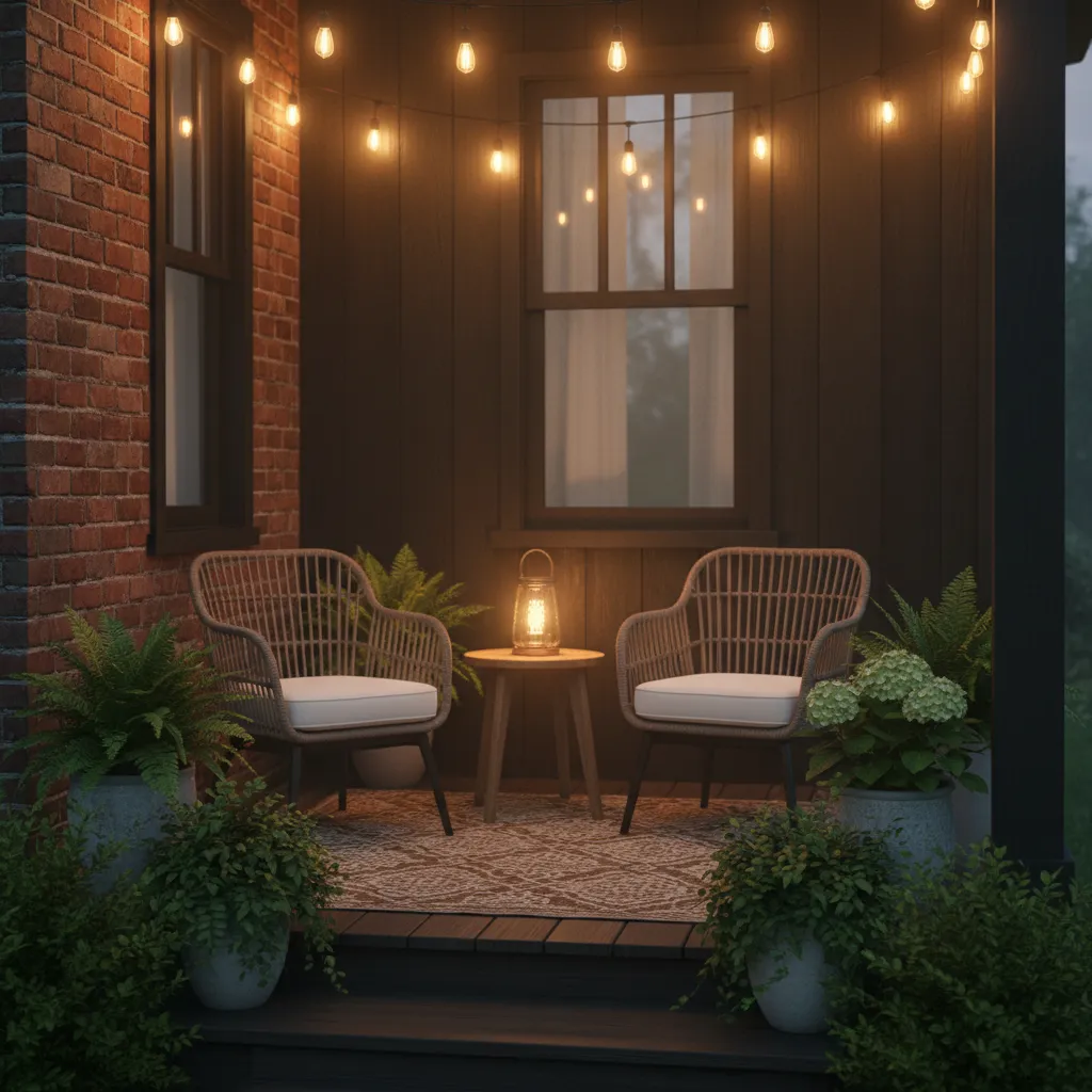 Porche pequeño decorado con iluminación cálida y muebles ligeros
